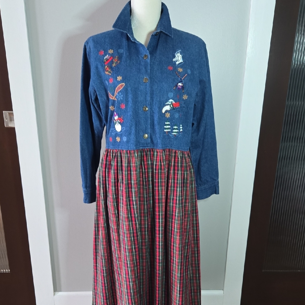 Casey Coleman Vintage Women's Size Large Embroidered Denim Plaid Holiday Dress